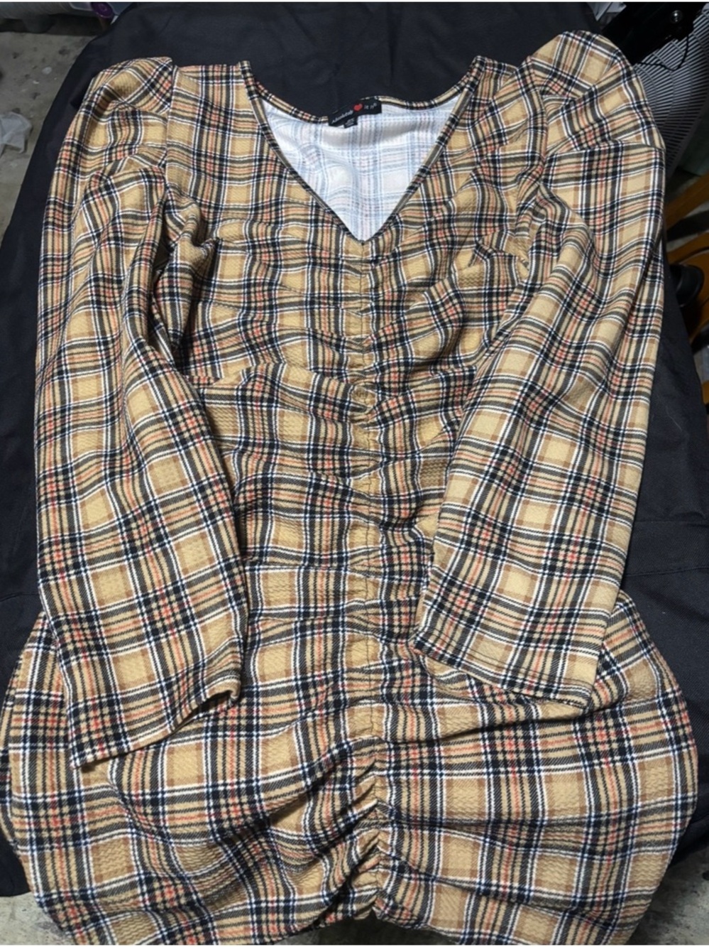 Plaid V-Neck Women’s Dress in Beige